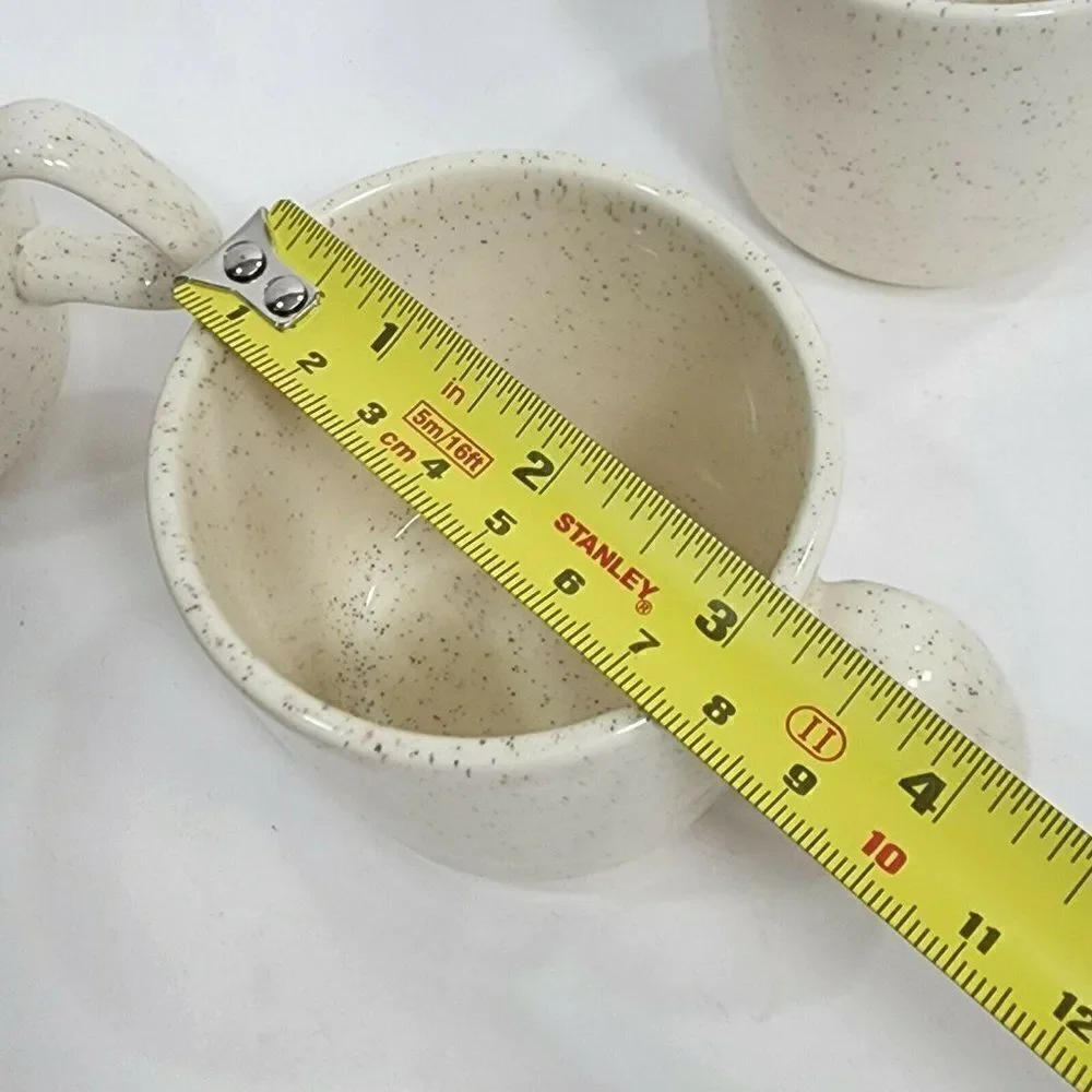 Set of 5 Vtg Speckled Stoneware Creamer, Sugar Bowl & Teacups‎ Raised Rings USA